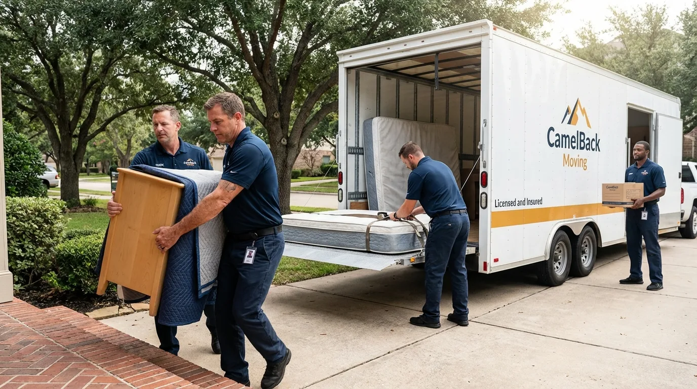 Crew loading residential truck for cross-state move from Bulverde, TX