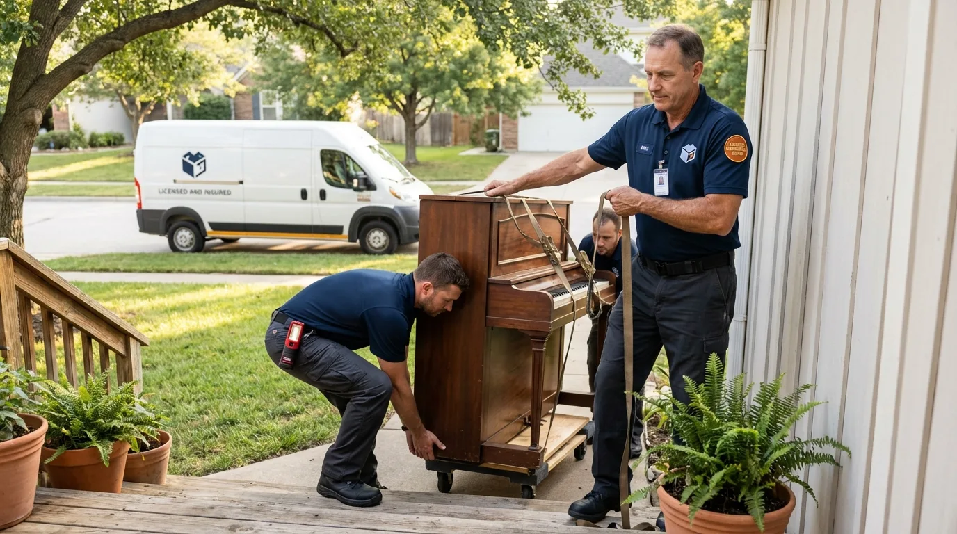 Licensed piano movers securing grand piano in Bulverde, TX