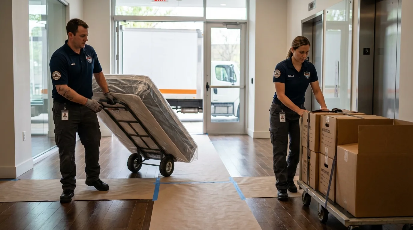 Professional apartment movers loading elevator in Bulverde, TX